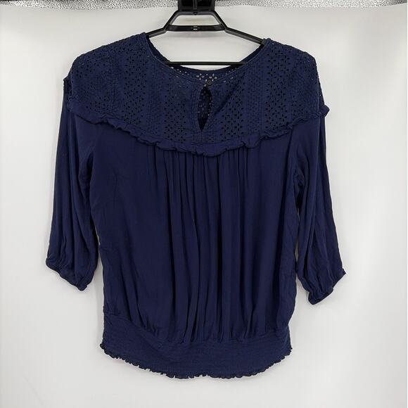 Knox Rose Eyelet Boho Womens Top Sz 2XL Navy Peasant Gauzy Smocked Cottagecore - Picture 6 of 8